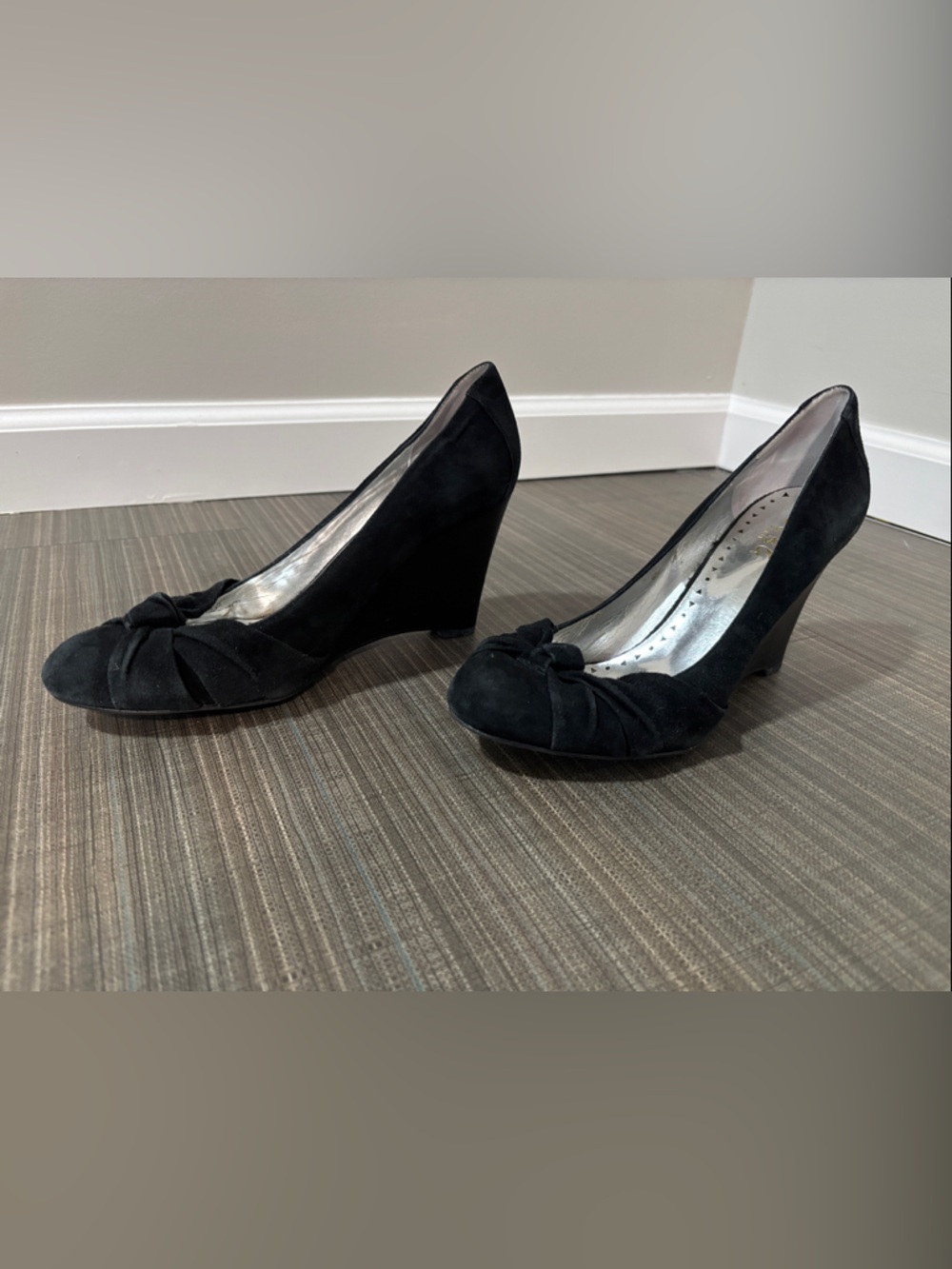 BCBG Black Suede Knot Front Wedge Heels